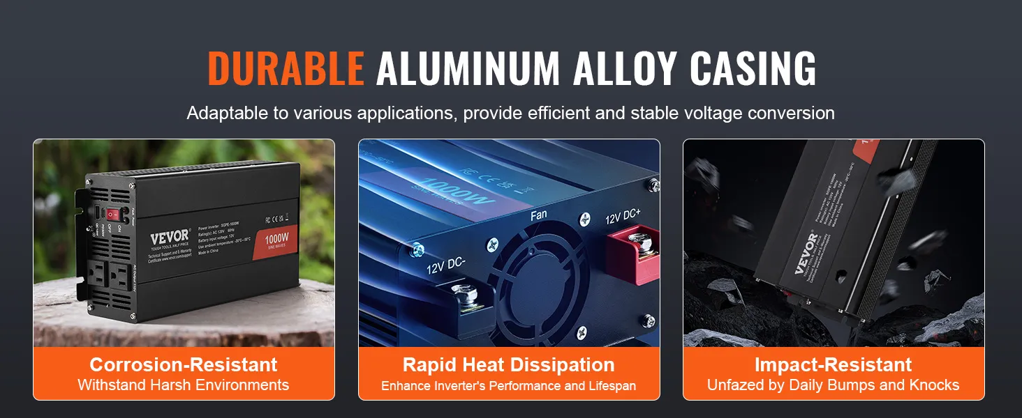 Inversor de onda sinusoidal pura VEVOR con carcasa de aluminio duradera, resistente a la corrosión, rápida disipación del calor.
