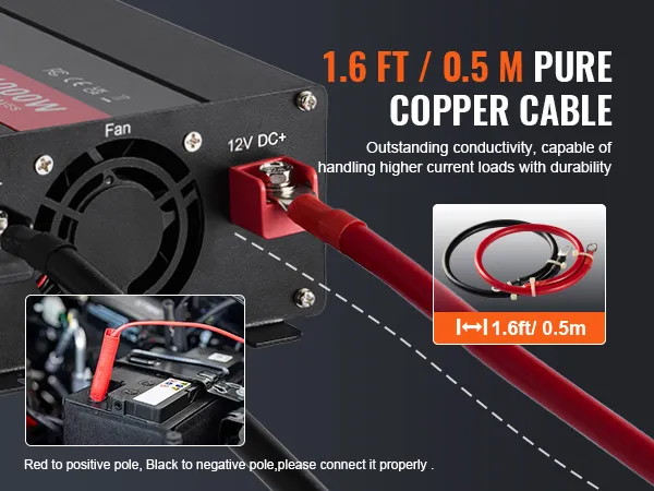 Inversor de onda sinusoidal pura VEVOR con cable de cobre puro de 1,6 pies para alta conductividad y capacidad de carga de corriente.