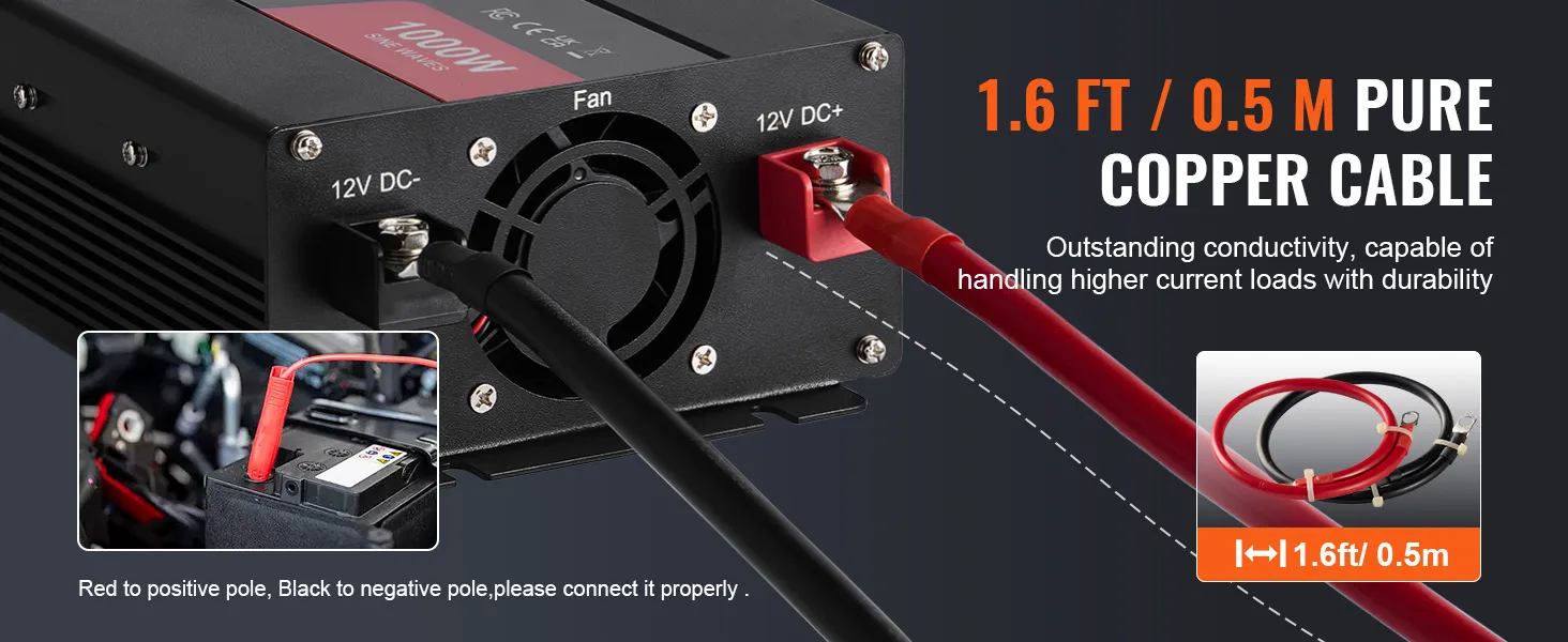 Inversor de onda sinusoidal pura VEVOR con cable de cobre puro de 1,6 pies para alta conductividad y capacidad de carga de corriente.