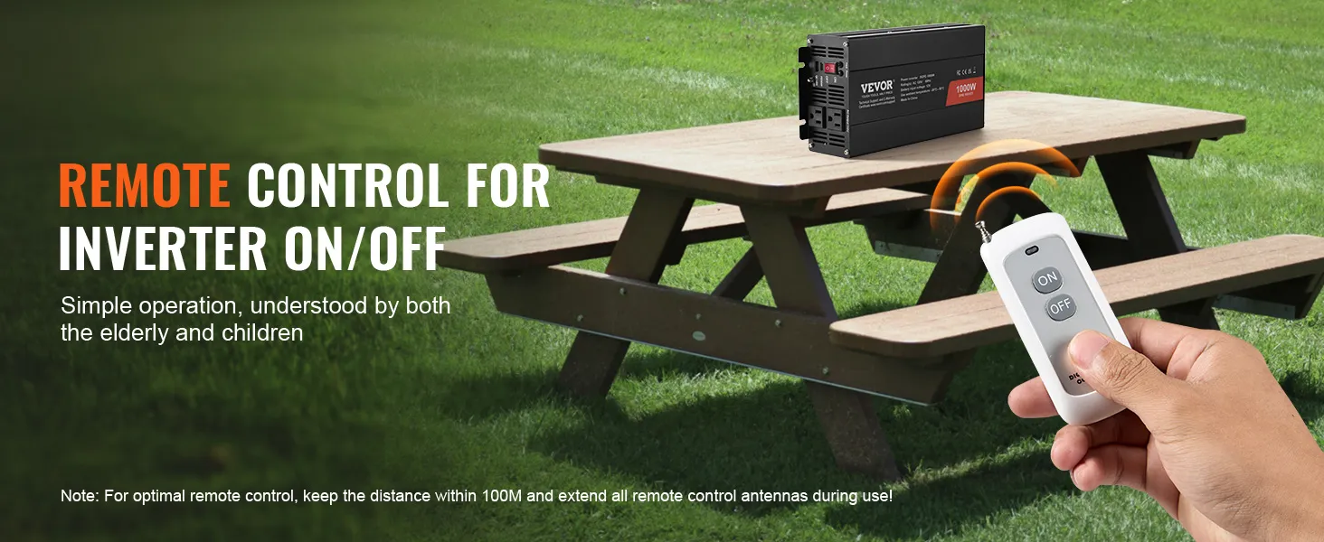Control remoto para encendido y apagado del inversor de onda sinusoidal pura VEVOR con el usuario sosteniendo el control remoto.