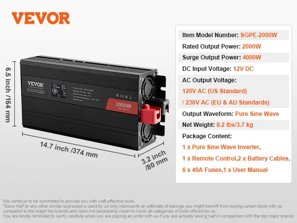 Inversor de onda sinusoidal pura VEVOR 2000w, entrada 12v dc, salida 120v/230v ac, incluye control remoto y cables.