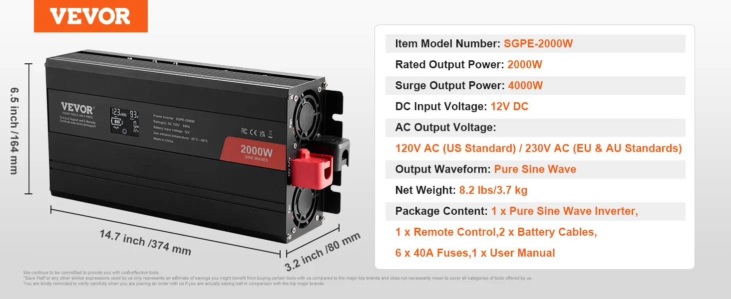 Inversor de onda sinusoidal pura VEVOR 2000w, entrada 12v dc, salida 120v/230v ac, incluye control remoto y cables.