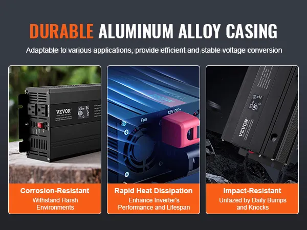 Inversor de onda sinusoidal pura VEVOR duradero con carcasa de aleación de aluminio, resistente a la corrosión, rápida disipación del calor.