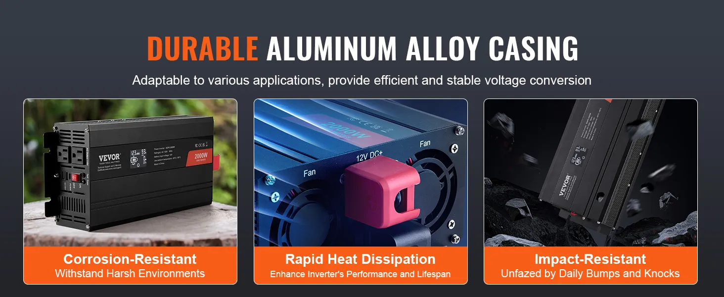 Inversor de onda sinusoidal pura VEVOR duradero con carcasa de aleación de aluminio, resistente a la corrosión, rápida disipación del calor.