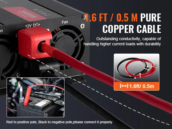 Inversor de onda sinusoidal pura VEVOR con cable de cobre puro de 1,6 pies, rojo a positivo y negro a negativo.