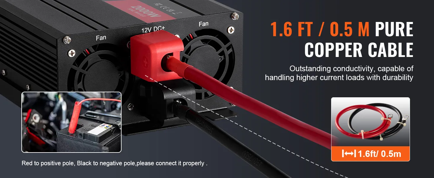 Inversor de onda sinusoidal pura VEVOR con cable de cobre puro de 1,6 pies, rojo a positivo y negro a negativo.