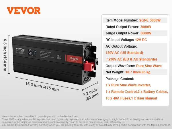 Inversor de onda sinusoidal pura VEVOR 3000w con ventiladores duales y especificaciones técnicas detalladas.