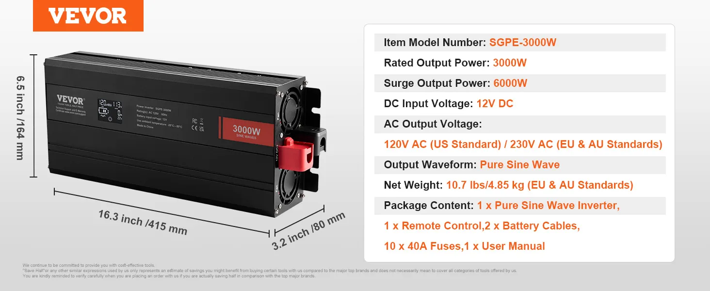 Inversor de onda sinusoidal pura VEVOR 3000w con ventiladores duales y especificaciones técnicas detalladas.