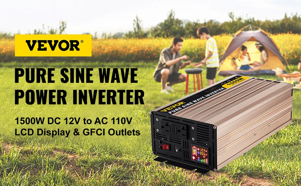 Inversor de onda sinusoidal pura VEVOR 1500w cc 12v a ca 110v, pantalla lcd y salidas GFCI.