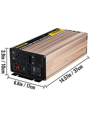 Inversor de onda sinusoidal pura VEVOR con dimensiones etiquetadas: 14,57 x 6,6 x 3,9 pulgadas.