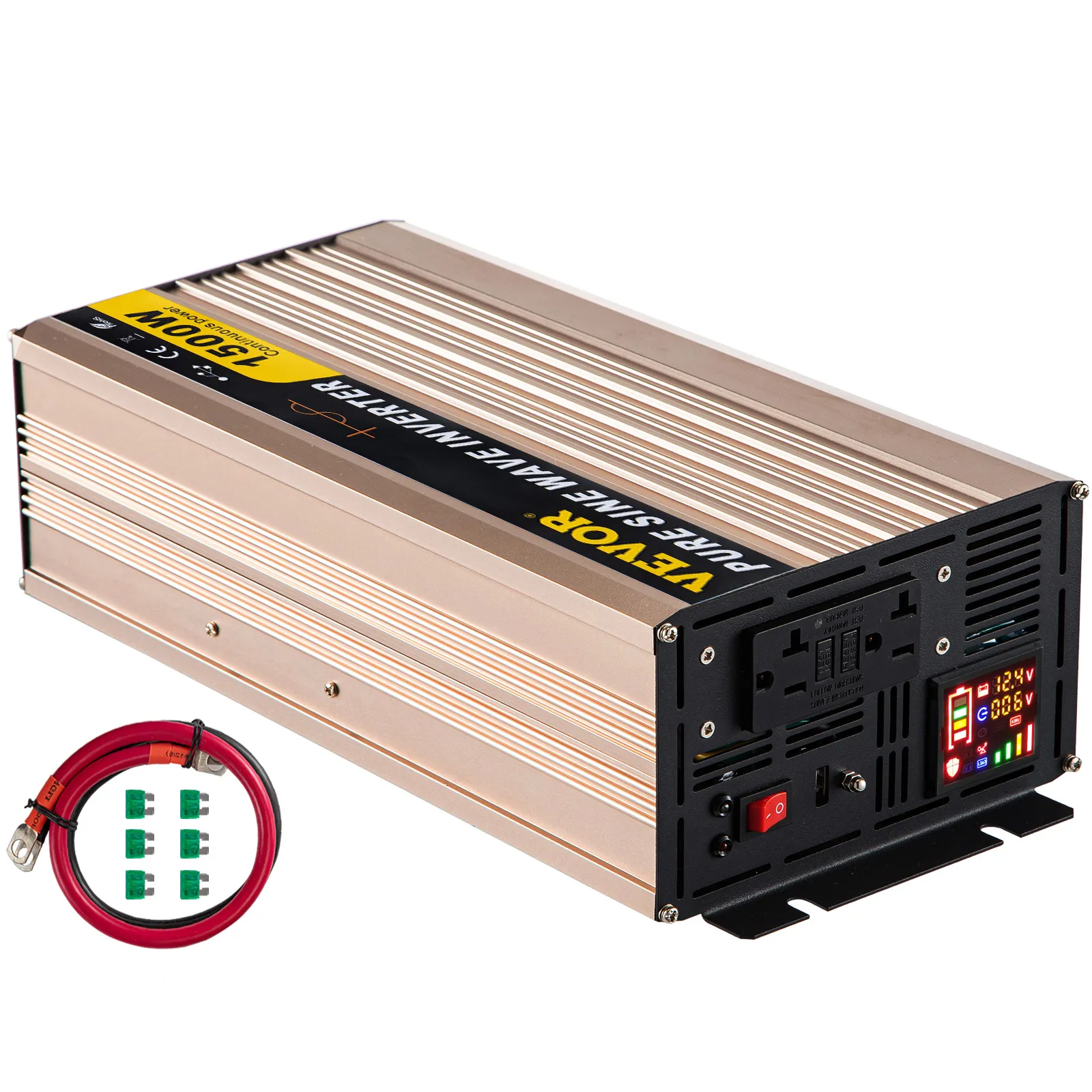 Inversor de onda sinusoidal pura VEVOR 750w con pantalla y accesorios de cableado incluidos.