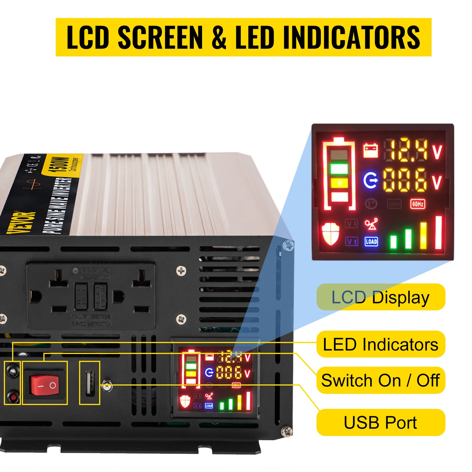 Inversor de onda sinusoidal pura VEVOR con pantalla lcd, indicadores led, interruptor y puerto usb.