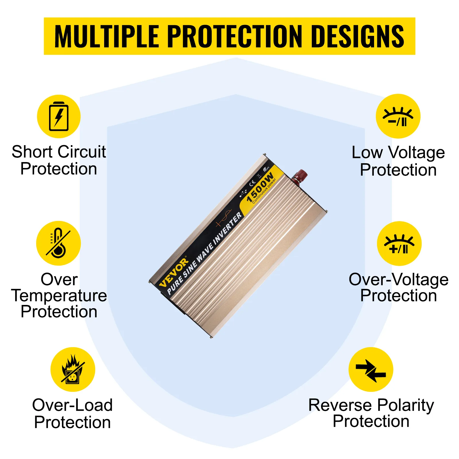 Inversor de onda sinusoidal pura VEVOR con múltiples diseños de protección y capacidad de 1500w.