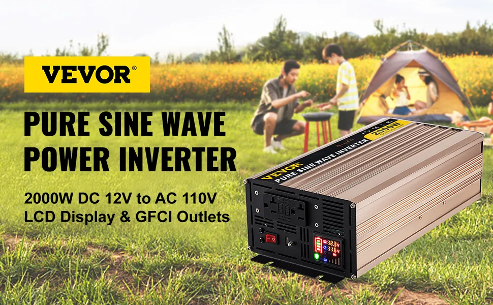 Inversor de onda sinusoidal pura VEVOR de 2000 W para camping con pantalla LCD y tomas GFCI