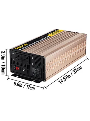 Inversor de onda sinusoidal pura VEVOR que muestra dimensiones: 14,57 pulgadas x 6,6 pulgadas x 3,9 pulgadas.