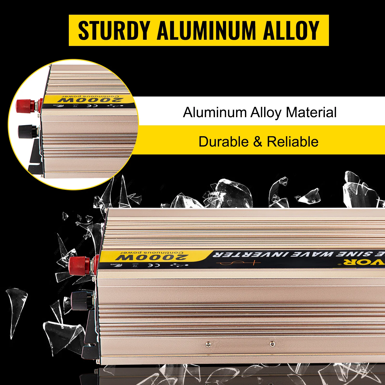Inversor de onda sinusoidal pura VEVOR con construcción de aleación de aluminio duradera.