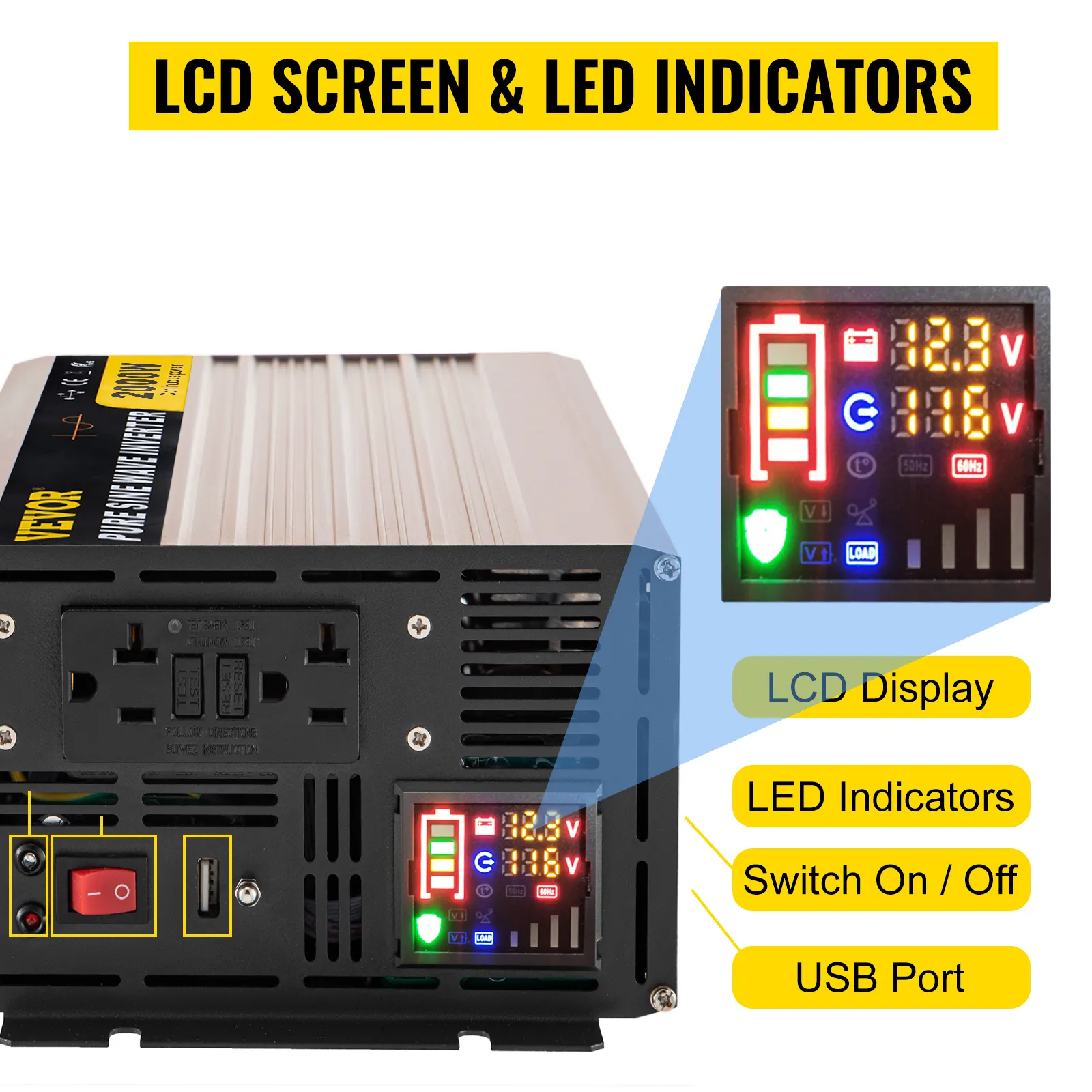 Inversor de onda sinusoidal pura VEVOR con pantalla LCD, indicadores LED, interruptor y puerto USB.