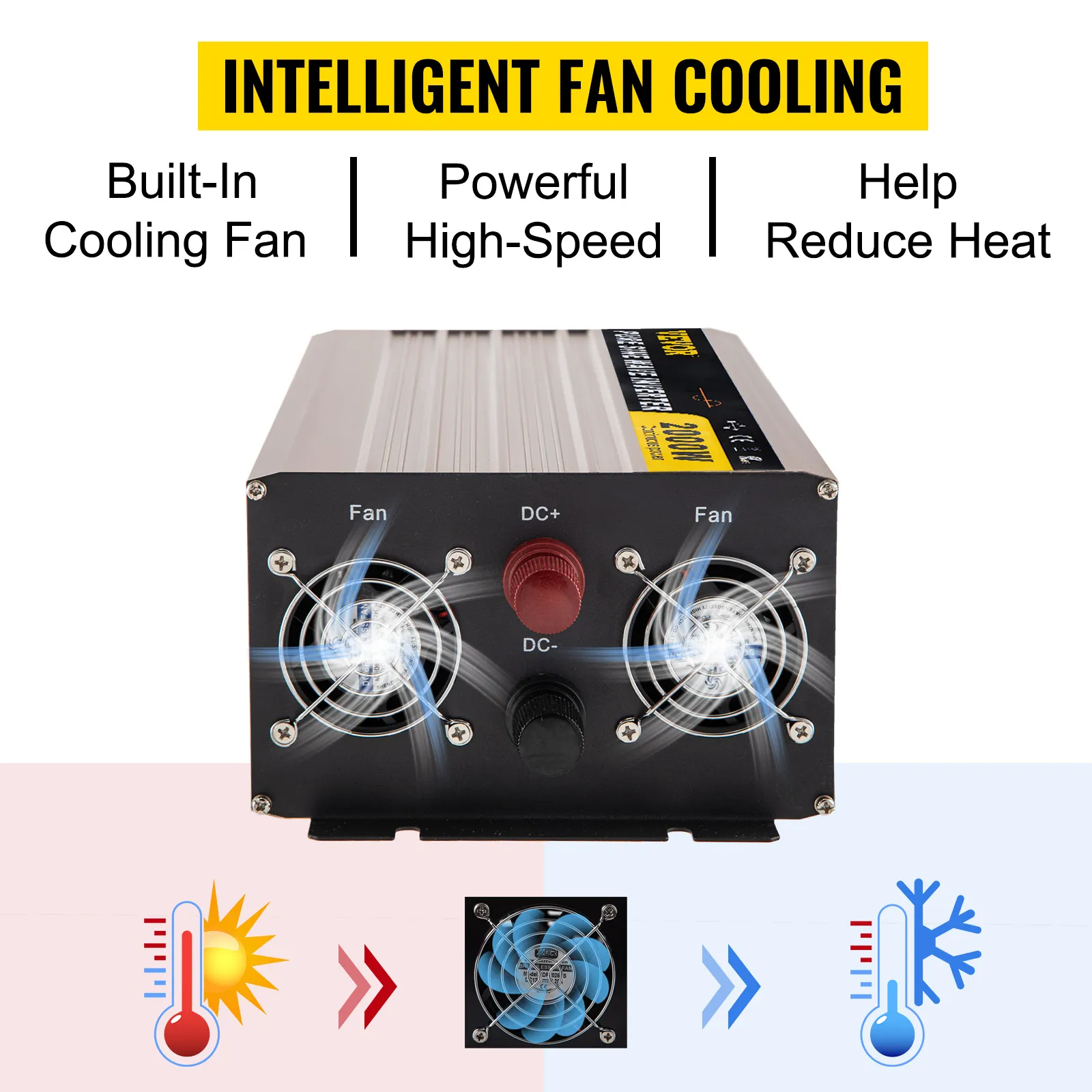 Inversor de onda sinusoidal pura VEVOR con ventilador de enfriamiento de alta velocidad incorporado y reducción de calor.