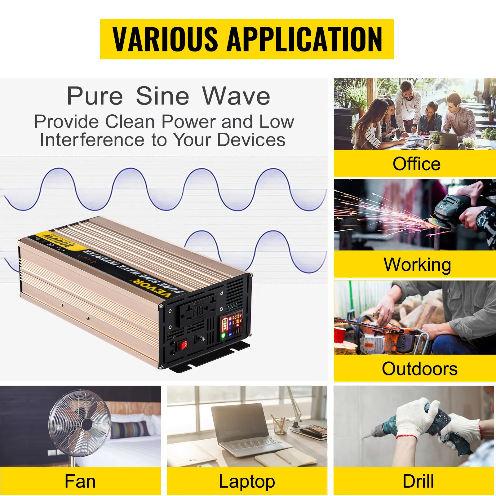 Inversor de onda sinusoidal pura VEVOR para diversas aplicaciones: oficina, trabajo, exteriores, ventilador, computadora portátil, taladro.