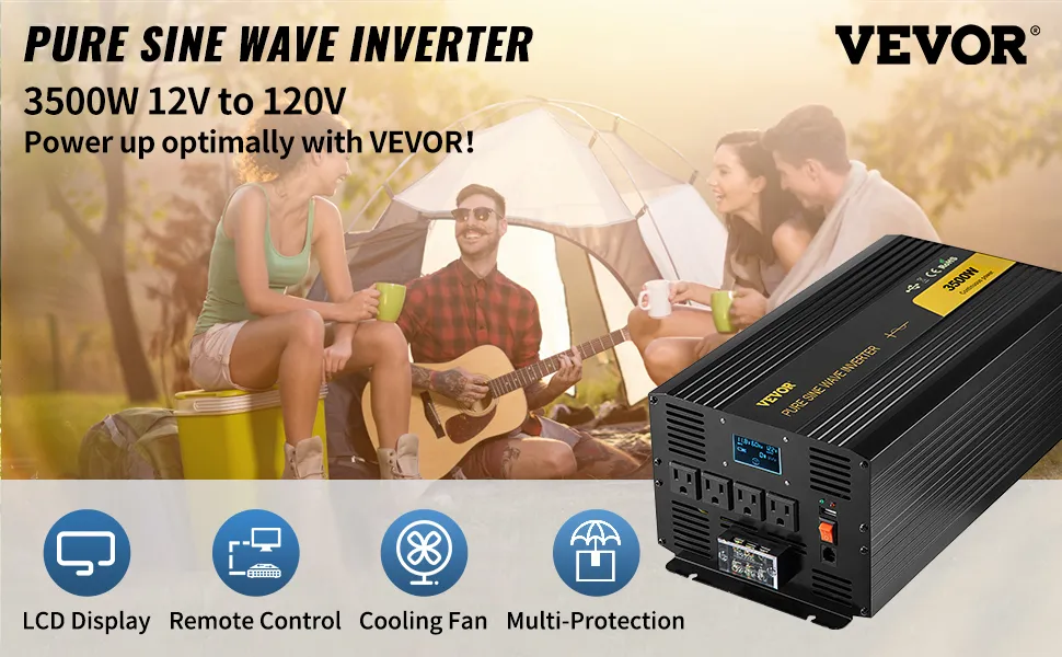 Anuncio de inversor de onda sinusoidal pura VEVOR con escena de campamento, que muestra los beneficios de 3500w 12v-120v.