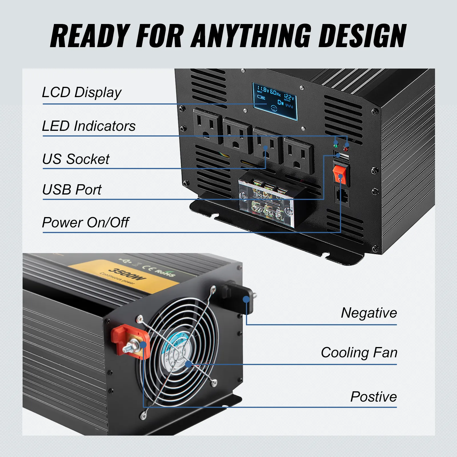 Inversor de onda sinusoidal pura VEVOR con lcd, indicadores led, puerto usb y ventilador de refrigeración.
