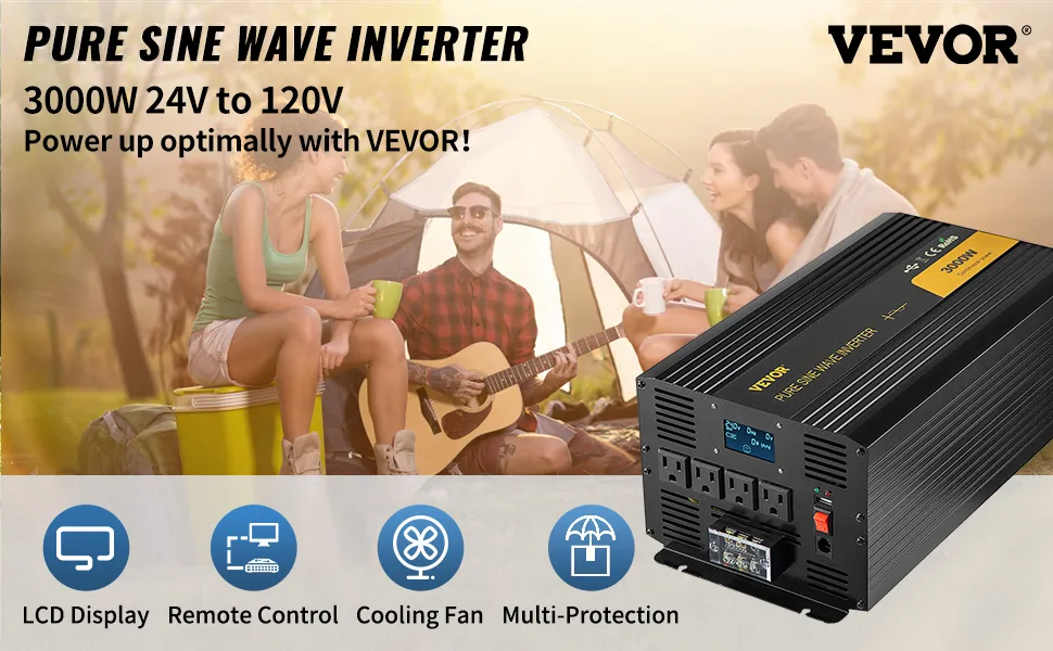 Inversor de onda sinusoidal pura VEVOR 3000w 24v a 120v para camping con lcd y ventilador de refrigeración.