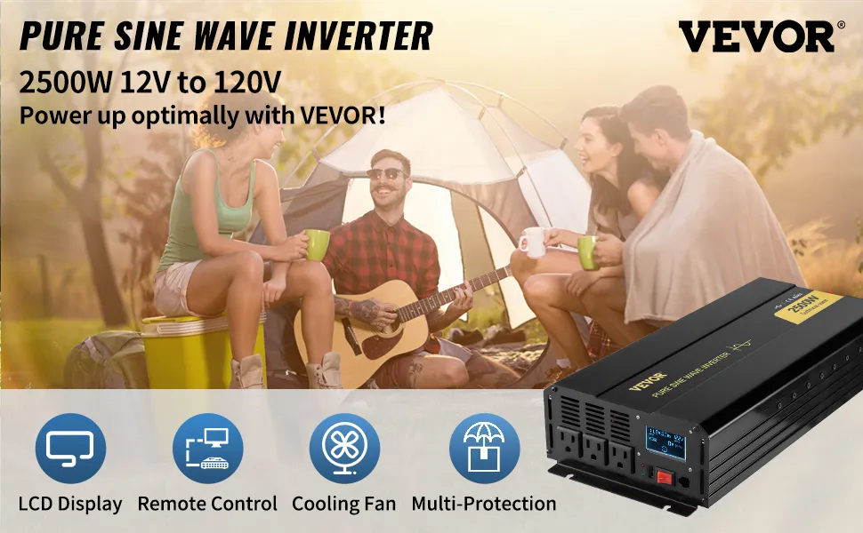 Inversor de onda sinusoidal pura VEVOR 2500w 12v a 120v con iconos de escena de camping y características clave.