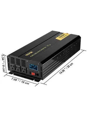 VEVOR pure sine wave inverter with multiple outlets and dimensions indicated.