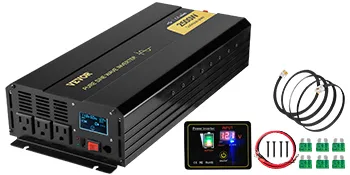 VEVOR pure sine wave inverter with lcd display, power cables, fuses, and accessories.
