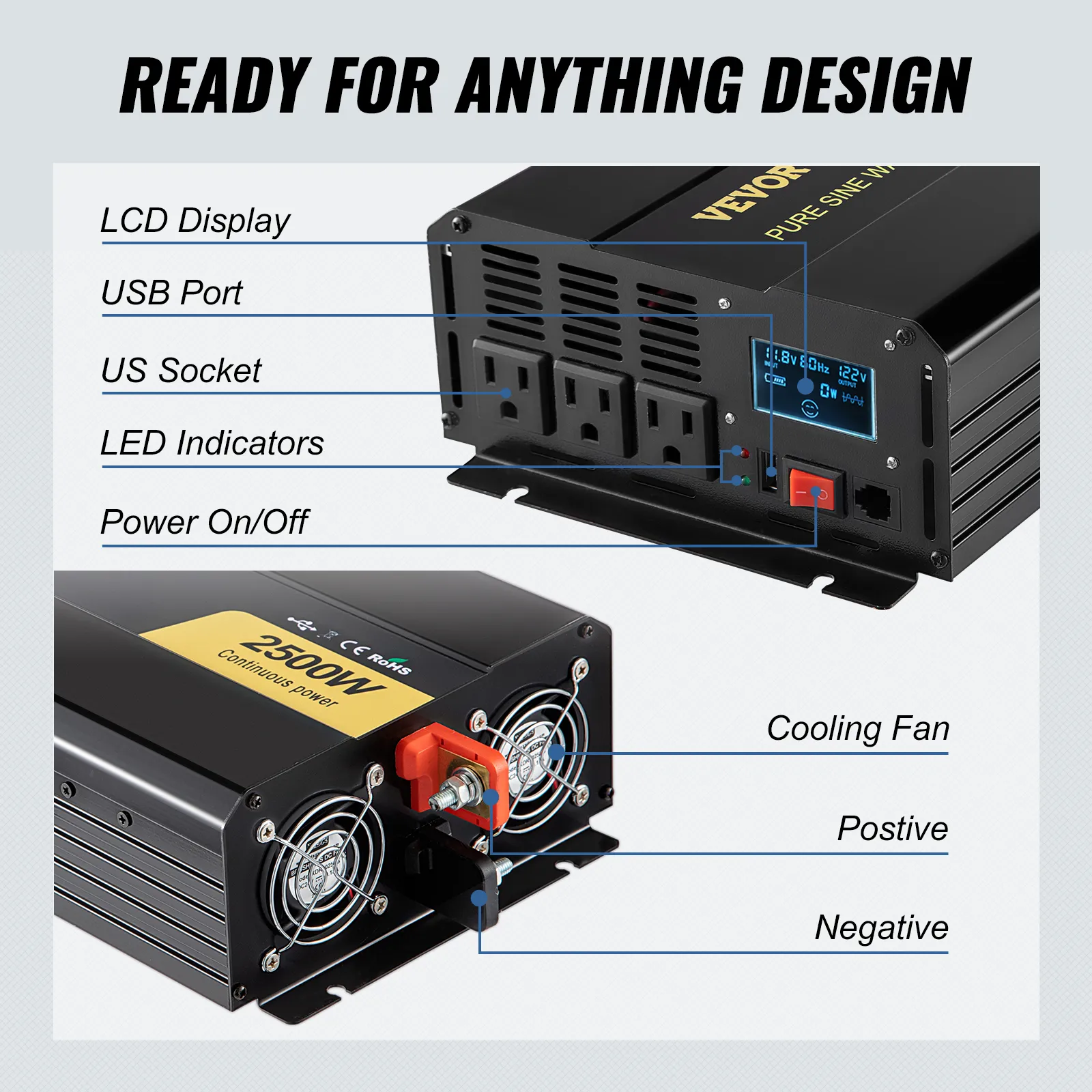 Inversor de onda sinusoidal pura VEVOR con LCD, USB, enchufes estadounidenses, indicadores LED y ventilador de refrigeración.