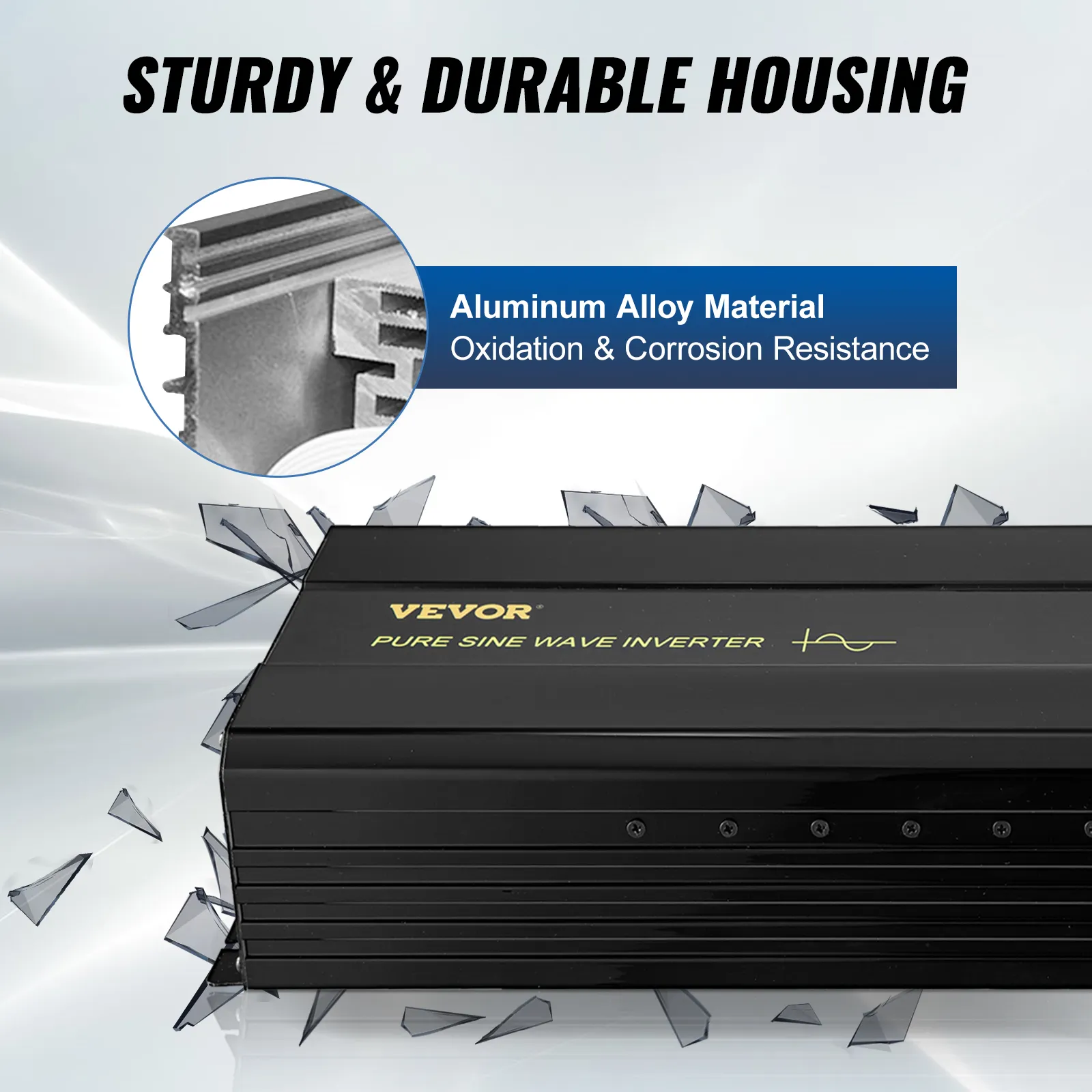 VEVOR pure sine wave inverter with sturdy aluminum alloy housing for durability and corrosion resistance.