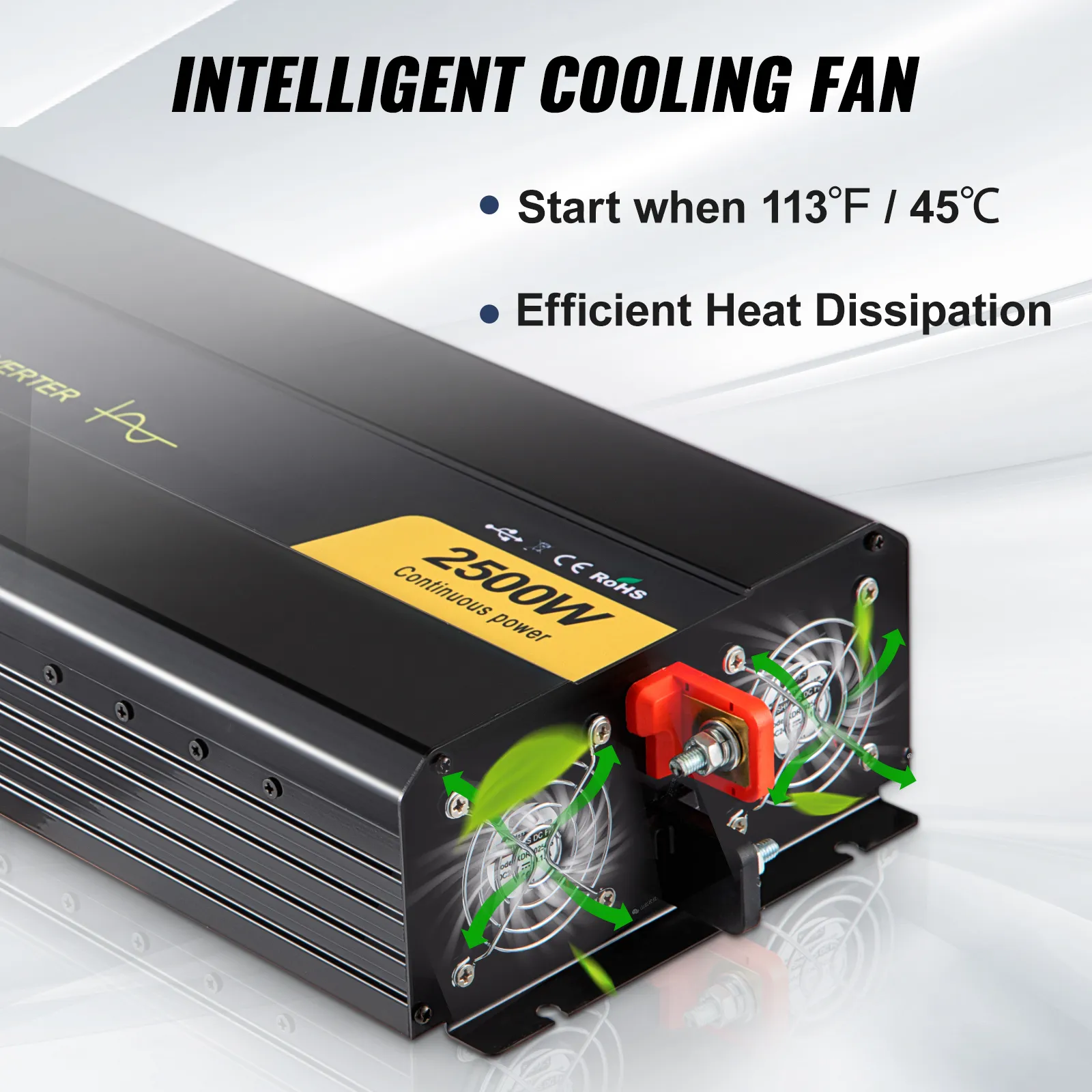 VEVOR pure sine wave inverter with 2500w power, intelligent cooling fan system.