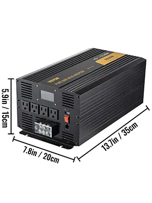 Inversor de onda sinusoidal pura VEVOR con 4 salidas de CA y dimensiones 13,7 x 7,8 x 5,9 pulgadas.