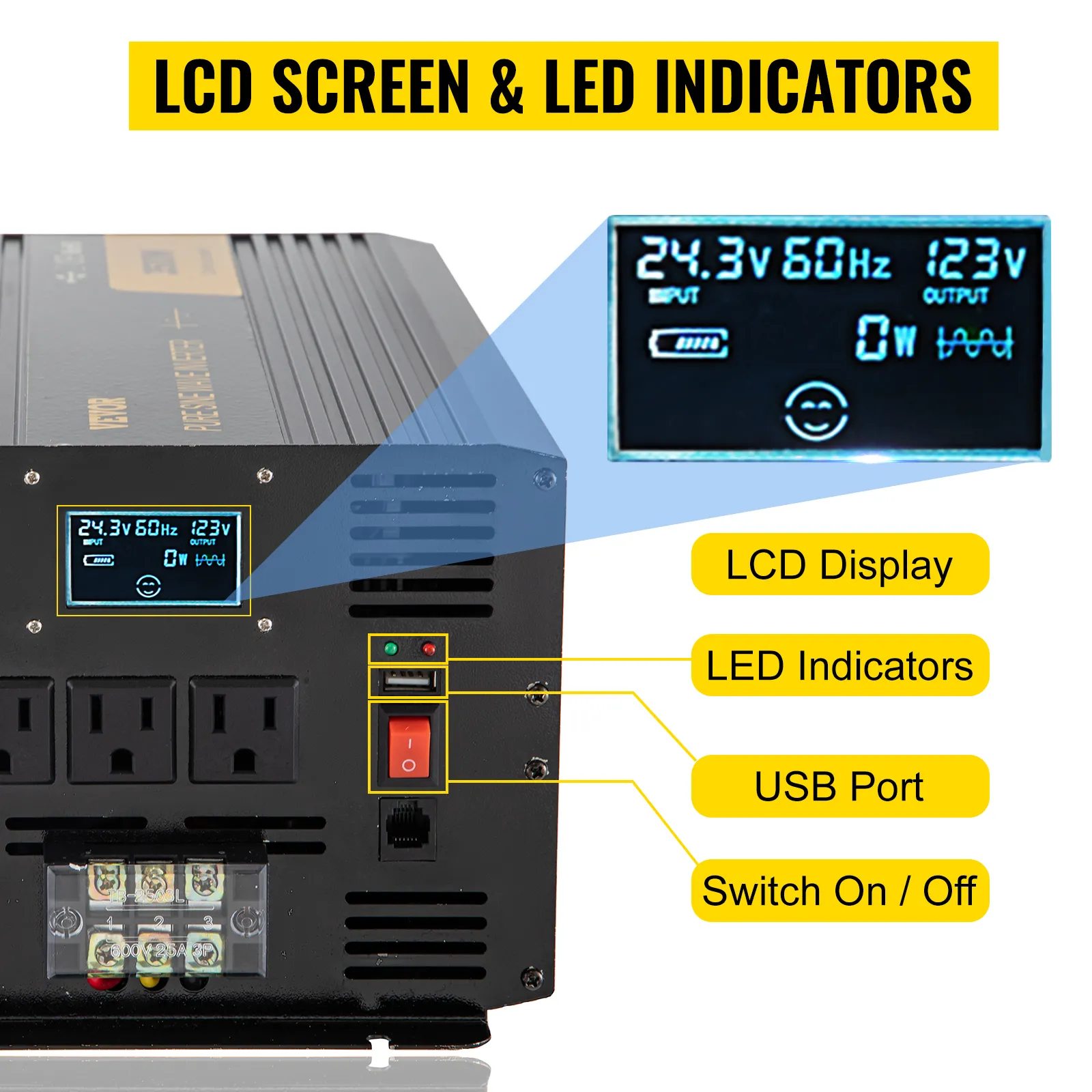 Inversor de onda sinusoidal pura VEVOR con pantalla LCD, indicadores LED, puerto USB e interruptor de encendido.