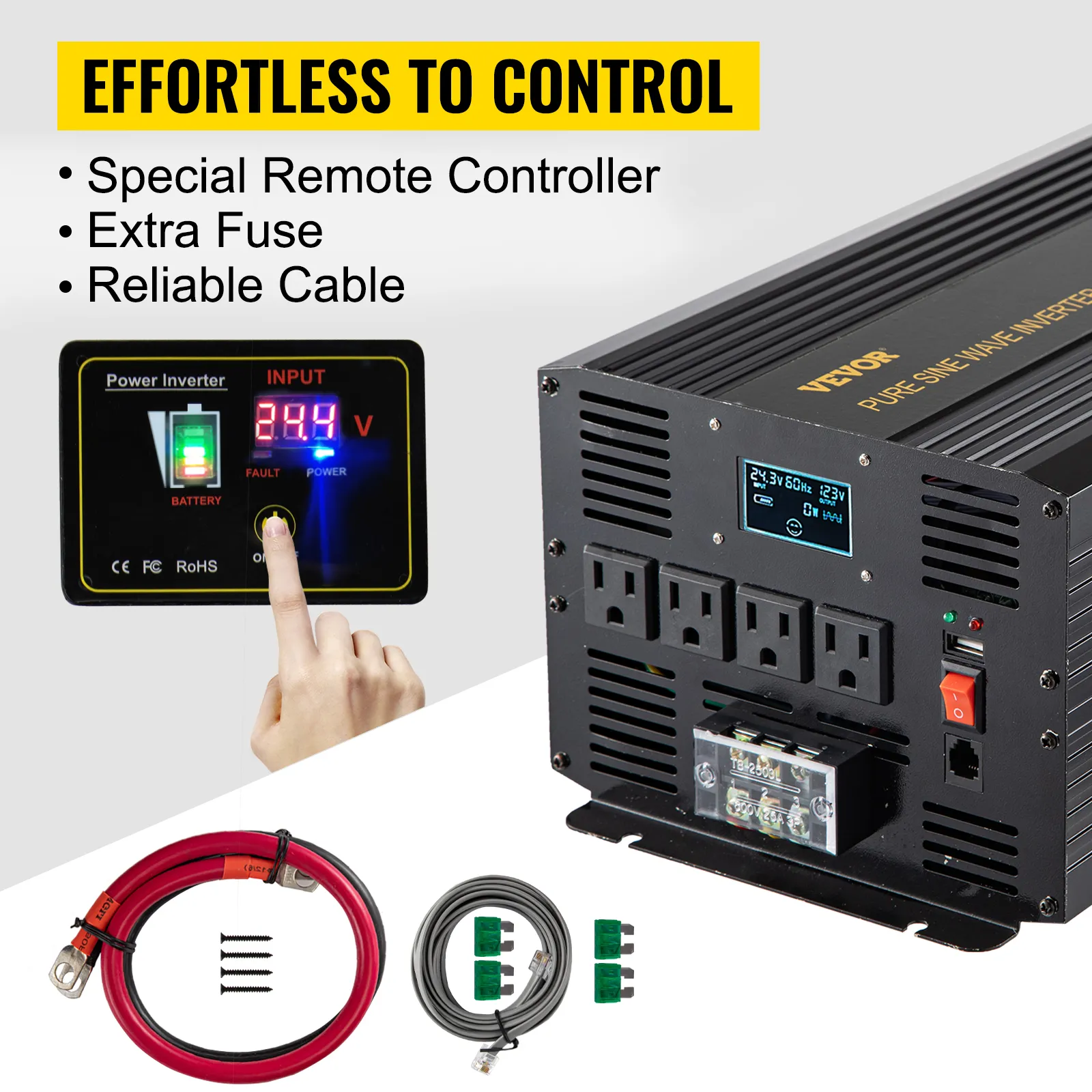 Control sin esfuerzo con inversor de onda sinusoidal pura VEVOR, control remoto, cable y fusible incluidos.