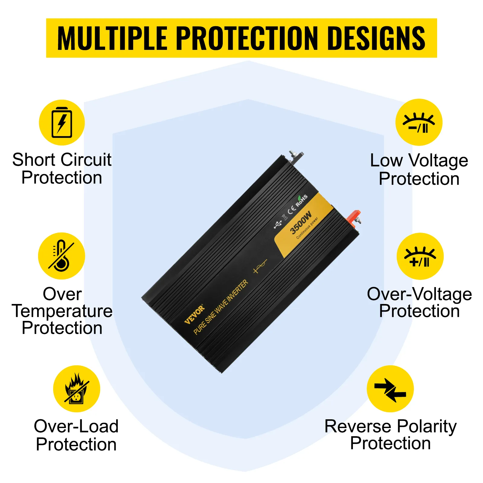 Inversor de onda sinusoidal pura VEVOR con múltiples funciones de protección que incluyen cortocircuito, bajo voltaje, sobretensión, sobretemperatura, sobrecarga y polaridad inversa.