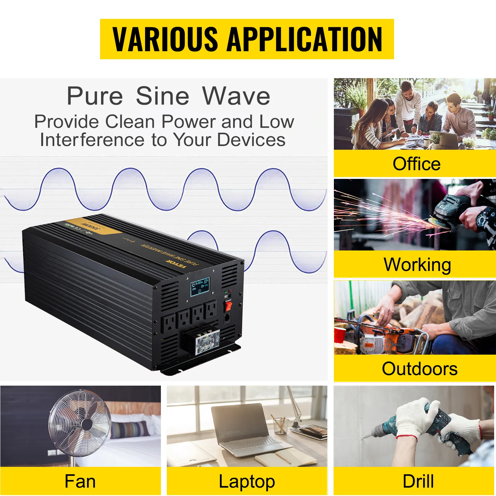 Inversor de onda sinusoidal pura VEVOR para oficina, trabajo, exteriores, ventilador, computadora portátil, taladro.
