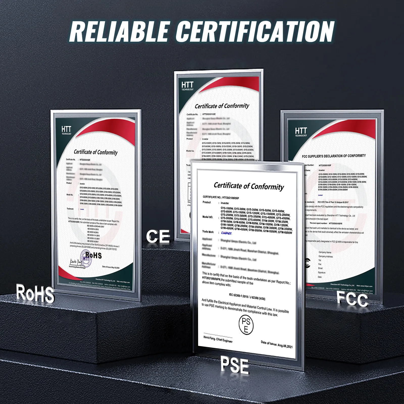 Certificaciones del inversor de onda sinusoidal pura VEVOR: rohs, ce, fcc y pse. confiable.