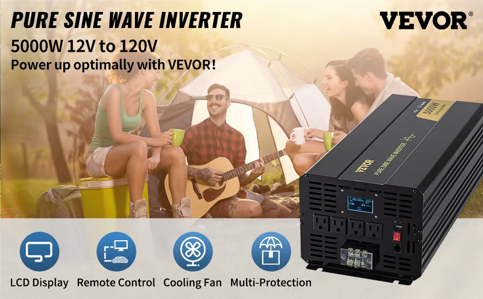 Inversor de onda sinusoidal pura VEVOR, 5000w 12v a 120v, pantalla lcd, control remoto, ventilador de refrigeración.