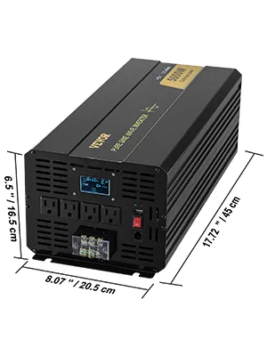 VEVOR pure sine wave inverter, black with dimensions 6.5hx8.07wx17.72l inches.
