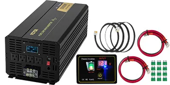 VEVOR pure sine wave inverter with cables, fuses, and digital display.