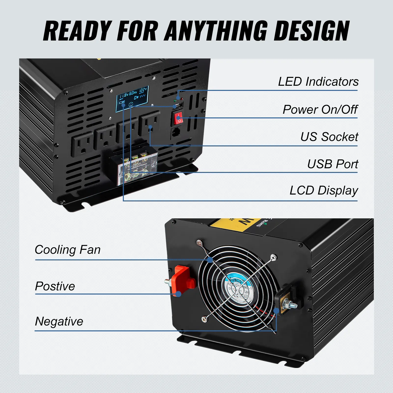 Inversor de onda sinusoidal pura VEVOR con pantalla LCD, puerto USB, ventilador de refrigeración e indicadores LED