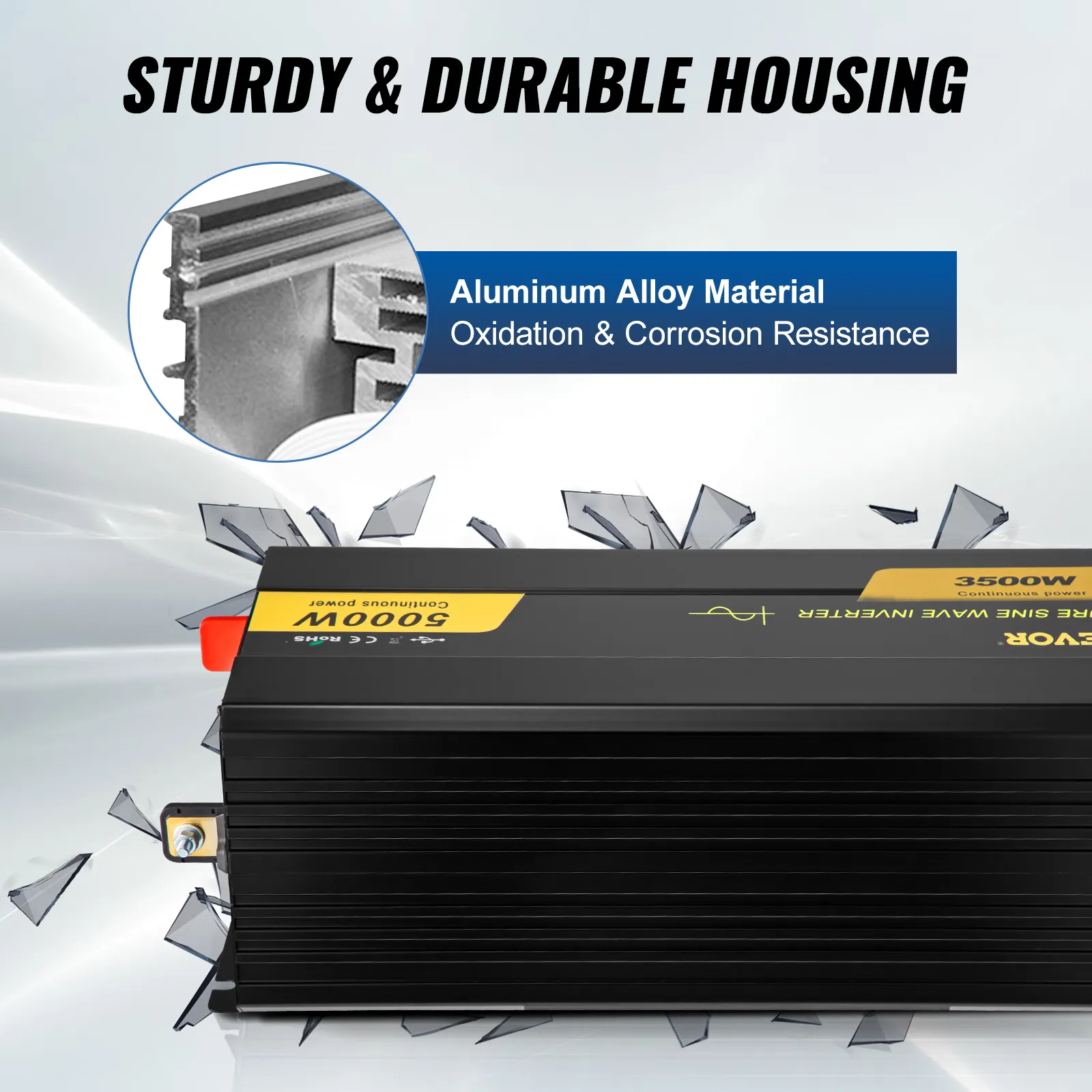 VEVOR pure sine wave inverter with 5000w power and durable aluminum alloy housing.