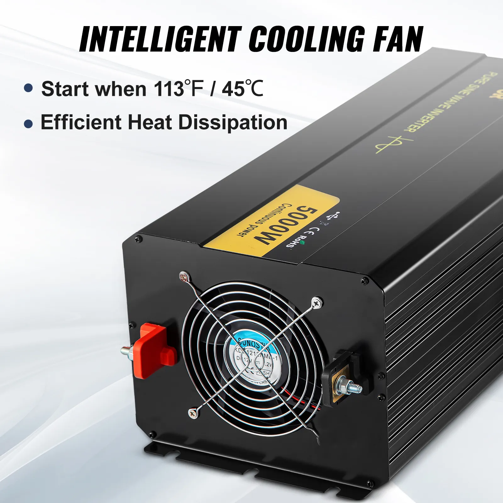 VEVOR pure sine wave inverter with intelligent cooling fan for efficient heat dissipation.