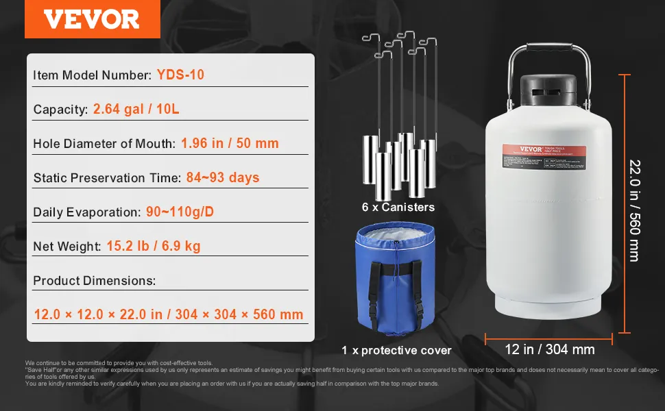 VEVOR liquid nitrogen tank yds-10, 10l capacity, with 6 canisters and a protective cover.