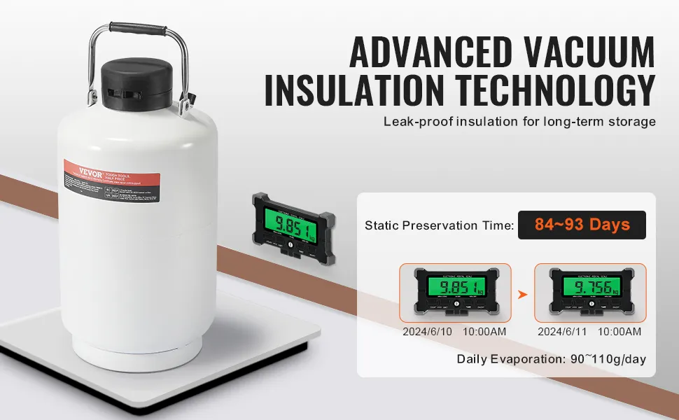 VEVOR liquid nitrogen tank with advanced vacuum insulation, 84-93 days preservation, low evaporation.