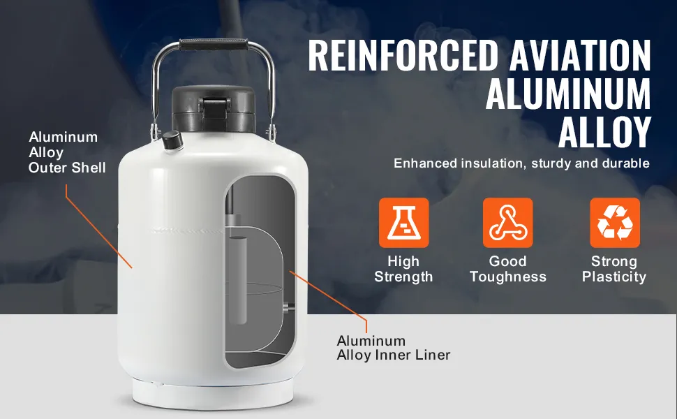 VEVOR liquid nitrogen tank with reinforced aviation aluminum alloy, high strength, good toughness.