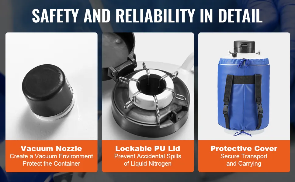 VEVOR liquid nitrogen tank showcasing vacuum nozzle, lockable pu lid, and protective cover.