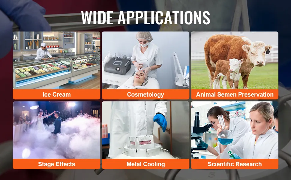 wide applications of VEVOR liquid nitrogen tank in ice cream, cosmetology, animal semen preservation