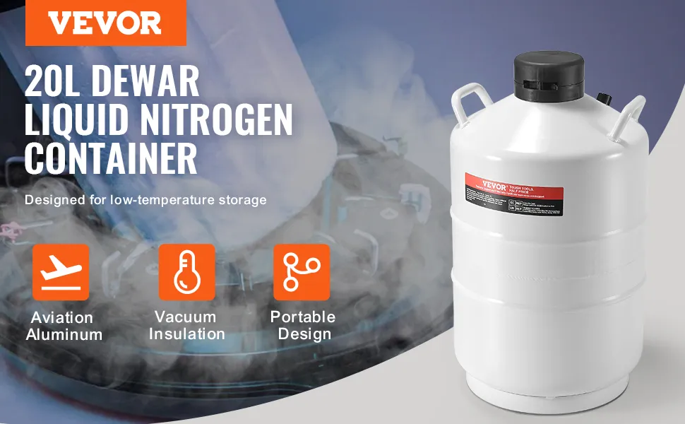 VEVOR liquid nitrogen tank 20l dewar, aviation aluminum, vacuum insulation, portable design.